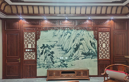 蓬江中式仿古别墅客厅背景墙花格木作装饰